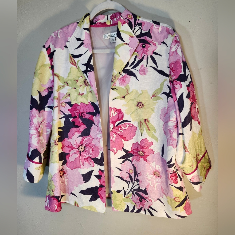 Coldwater Creek Linen & Silk Pink and Yellow Floral Blazer Lined Sz L